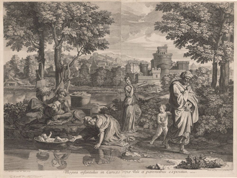 Baby Moses Placed in the Nile by his Parents, 1672, engraved after Nicolas Poussin by #ClaudineBouzonnetStella (French, 1636-1697). In the foreground of the engraving, a woman puts a baby in a rush basket into the river; nearby are a few other adults, including a man with a small child. In the background is a castle in a landscape.