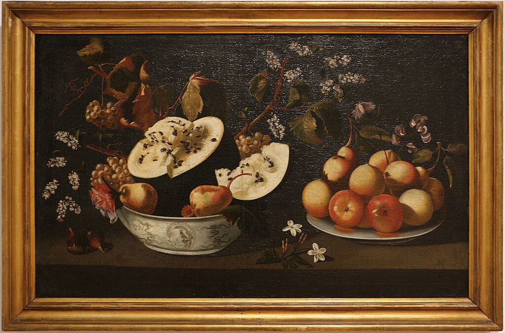 A horizontally long still life painting of fruits and flowers. At the left side (as the viewer sees it) is a shallow white bowl containing pears, green grapes and watermelon split open to show white fruit and blackseeds. At the right is a white plate on which sits a pile of apples and pears. Both dishes sit on a wooden ledge. In the left bottom corner are two figs, sitting on the ledge. Between the two dishes are two white jasmine flowers.