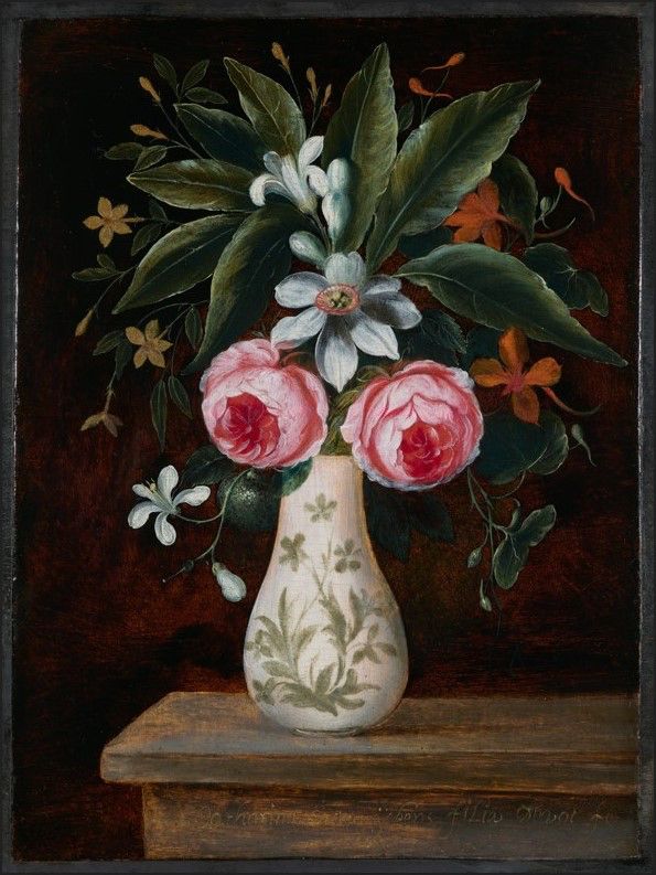 A painting of a white porcelain vase decorated with a green floral design, placed on a stone table. The floral arrangement in the vase features bulbous pink roses, narcissus, orange blossom and garden nasturtium, among other flowers.