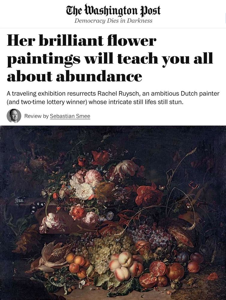 A screenshot of the top portion of a book review in The Washington Post, showing the newspaper name the title and short abstract, a tiny headshot of the author with his name, and a gloriously abundant fruit and flower still life painting by Rachel Ruysch.