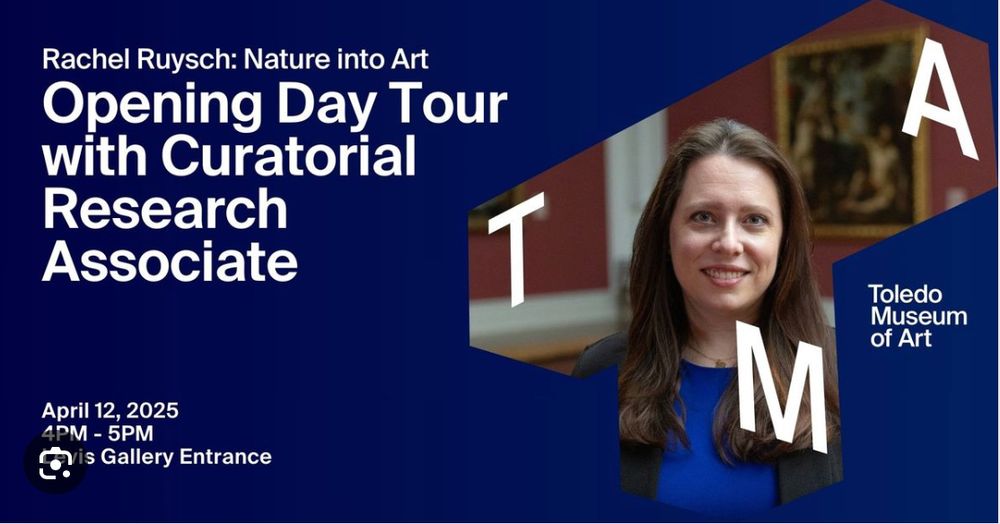 Digital event banner with photo of woman with long dark hair within the T-shaped museum logo, all against cobalt blue background with white text giving event details.