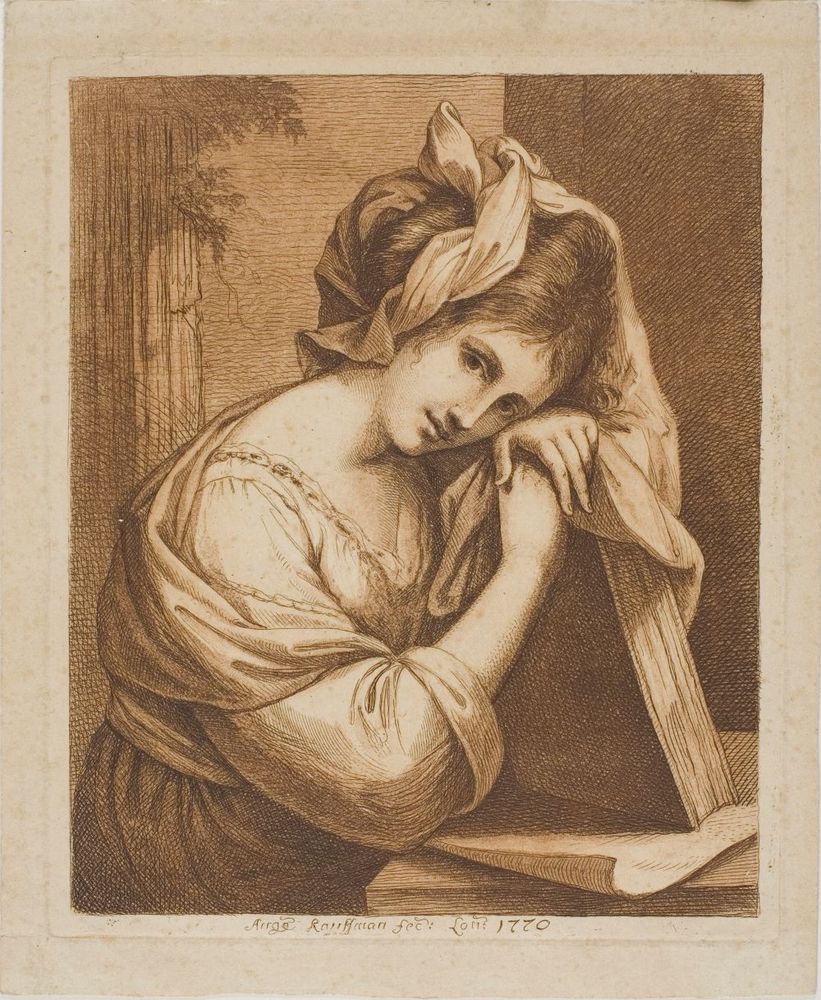 Etching and aquatint in brown on buff laid paper depicting a woman seated by a table, resting her left cheek on her hands, which sit on top of a large closed book which she holds up vertically at a slight slant. Also on the table is a sheet of paper, which is held down on the near side by the woman's right elbow, and on the far side by the book. One corner of the paper curls up toward the bottom right corner of the artwork. At the very bottom in handwriting is the artist's signature and the date.
