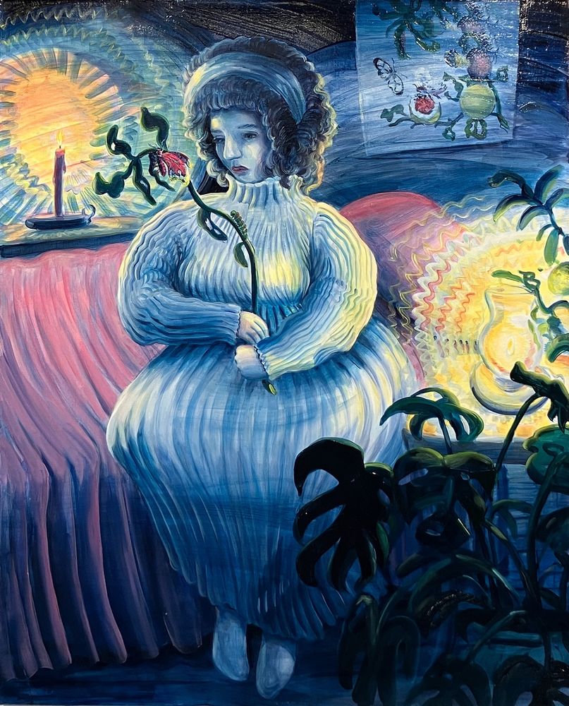  on canvas painting, Hilary Doyle's "Maria Sibylla Merian: Observing Metamorphosis." It depicts a stylized depiction of a woman sitting on a bed in a nighttime interior, gazing at a flower stalk she holds in front of her, on which climbs a caterpillar. 