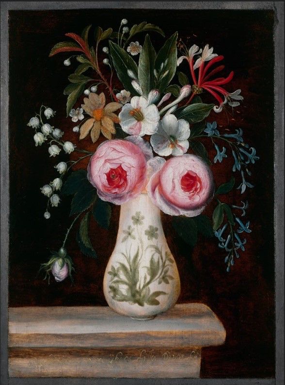 A painting of a decorated porcelain vase placed on a stone table, with a floral arrangement featuring bulbous pink roses, lily of the valley, honeysuckle, jasmine, among other flowers.