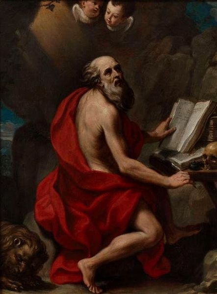 A painting of a bearded white man sitting in a cave, at a desk made of stone. He wears nothing but a crimson drape. Behind him sleeps a lion. His left hand rests on the open book before him, which is propped up on another open book. Next to the books is a human skull.