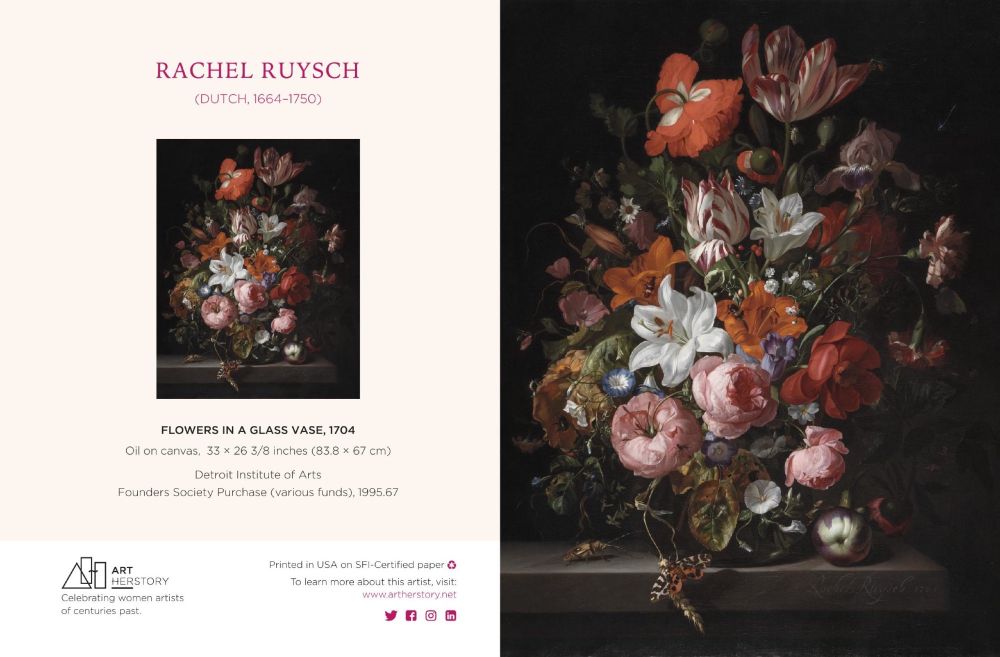 A note card open facedown to show the front and back covers. On the front cover is a glorious array of flowers, mostly in colors of pink, red and white, sitting in a glass vase on a stone ledge. There is a butterfly at the bottom of the painting, against the edge of the ledge. On the back is a thumbnail version of the painting, surrounded by text about the artist and the painting, with branding information at the bottom.