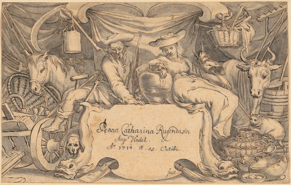 According to the museum’s object page, “Before a banner of cloth, two seated farmers gaze down at a decorative cartouche, flanked by farming tools and animals. This drawing was created by the not yet fifteen-year-old Anna Catharina Rugendas as part of her artistic training. She prominently signed and dated her work with a calligraphic flourish. It is not Rugendas’s own invention but rather a copy after Boetius Adams Bolswert’s engraving based on Abraham Bloemaert’s design.”