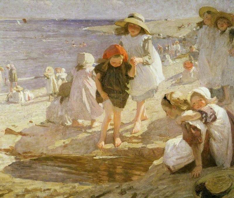 An oil on canvas painting with about 8 girls in the foreground, playing in the sand, and the ocean and more human figures in the background. Almost everyone wears a bonnet or straw hat and is clothed in white, except for one girl in the center of the painting, who wears an olive-colored dress and a red or orange kerchief on her head.
