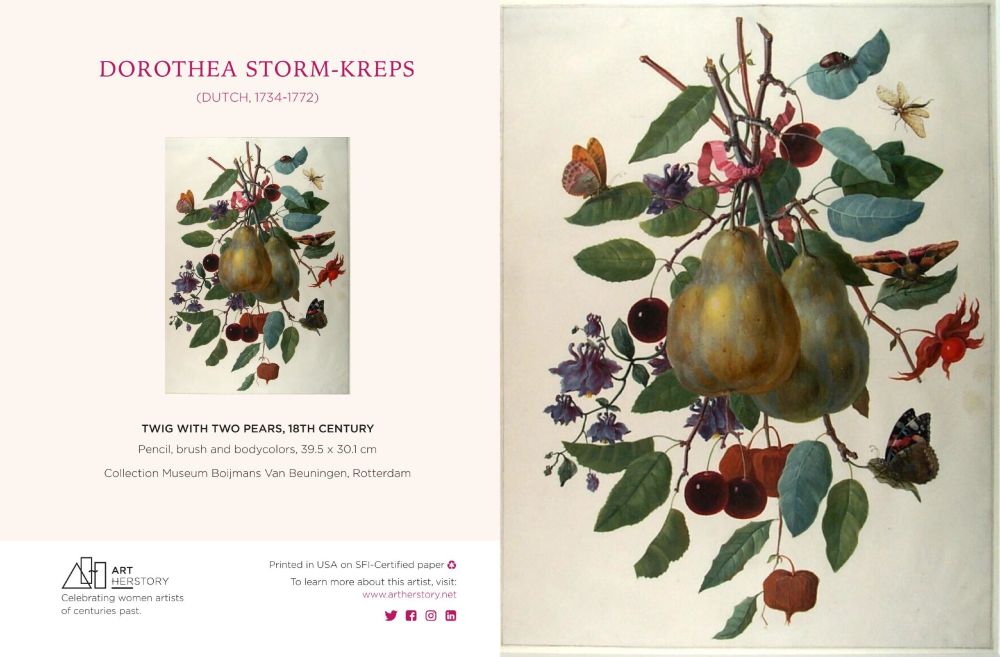 A note card open face down to show front and back covers. The front reproduces a C18th botanical drawing with two pears at the center, stems tied with a ribbon. They are surrounded by cherries, bugs, flowers, leaves, and butterflies. On the back of the card is a thumbnail of the painting, plus text about artist and artwork, and branding info/icons.