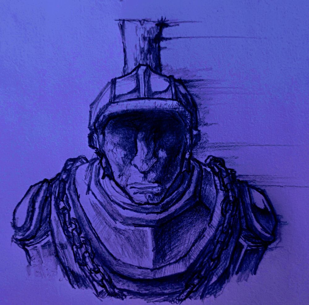 A decrepit man with a helmet grimaces. He is encased in decades-old rusted armor chained across his chest to prevent him from leaving it. Upon further inspection of the vacant expression on his withered, cracked face, one can see that his eyes and their sockets are missing, covered up by something.