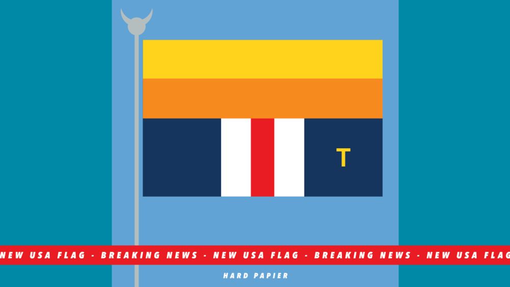 De nieuwe vlag van de Verenigde Staten van Amerika met een samenstelling van de meest karakteristieke visuele kenmerken van aankomend president Donald Trump. Januari 2025.