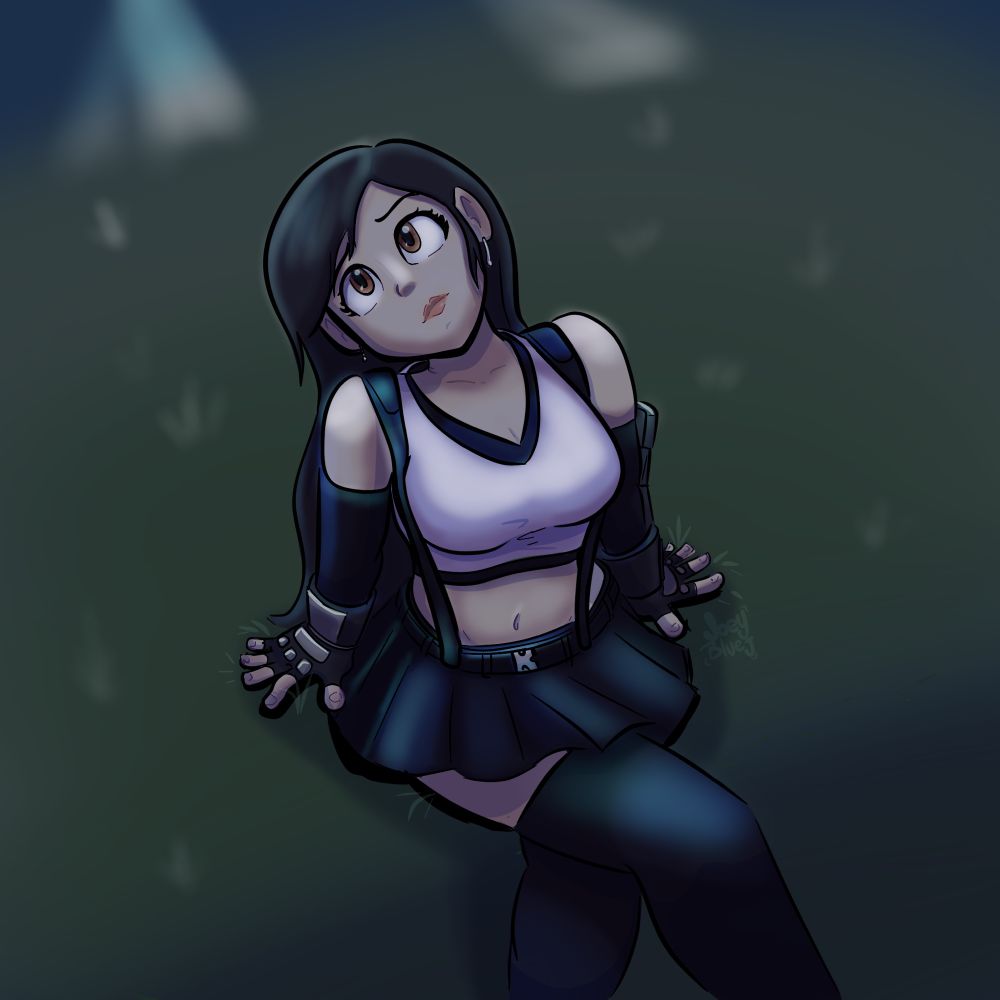 Tifa sitting in grassy field with spotlights searching for someone.