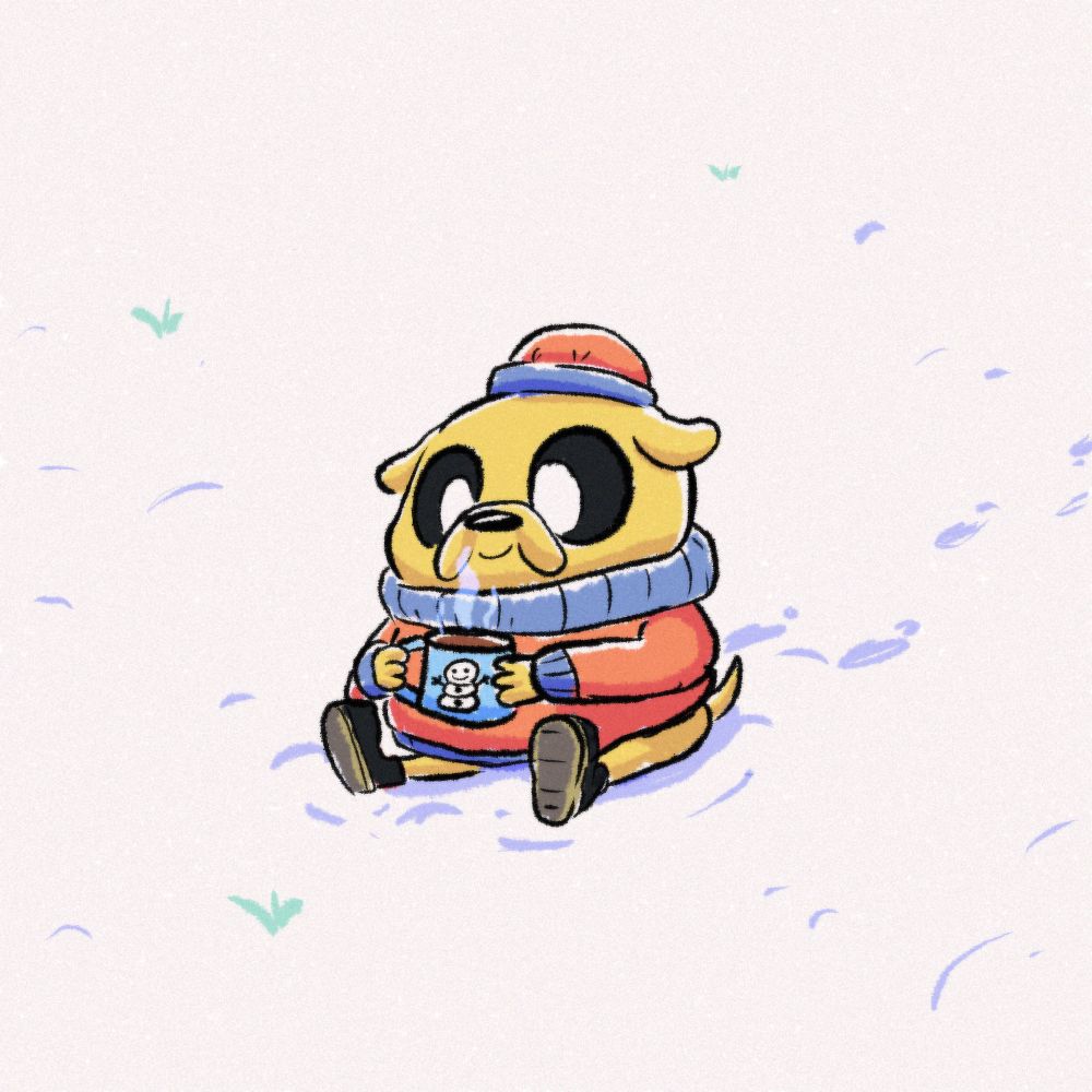 Jake the dog drinking hot chocolate in a snowy area 