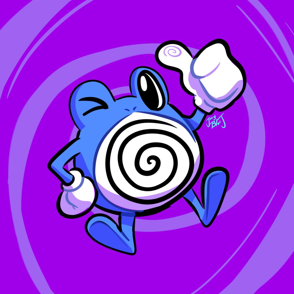 Polywhirl from pokemon with purple swirl background 