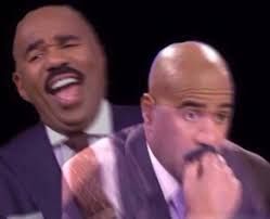 Split image of Steve Harvey: on the left, he’s laughing with his mouth wide open; on the right, he looks shocked and concerned, covering his mouth with his hand.