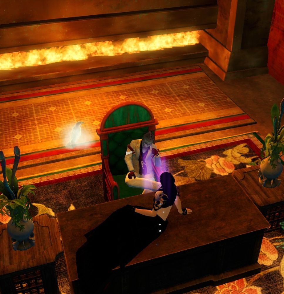 Canach sitting in a plush green chair in his office in Club Canach. The commander, Skye Demonbane, casually sits on the desk in front of him.