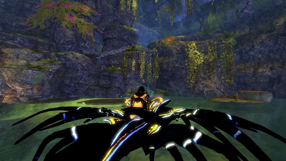 Skye Demonbane sits upon her skimmer mount, an aquatic creature the size of a manta ray that looks similar to the glaucus atlanticus, or blue dragon sea slug, which is a lot prettier than it sounds. Skye's skimmer floats above a pool of placid water, they are looking away from the camera at a beautiful cliffside covered in moss and greenery and dark pink flowers.