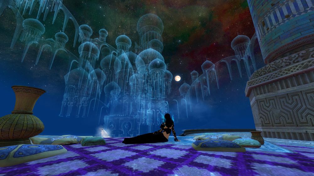 Skye Demonbane sits upon a purple blanket, before her is the starry night sky and a ghostly structure floating in air.