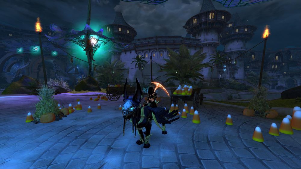 Skye Demonbane wearing a black dress with a dark hood, a wicked ghostly orange scythe at her back, sits upon her gryphon mount with a sphynx cat appearance, black tattered feathered wings, tall pointed ears, and golden armor. The moonlight reveals it's true undead face, a skull with turquois fire in the hollows of it's eyes.
They are surrounded by pumpkins, cornstalks, and piles of larger than life candy corn.