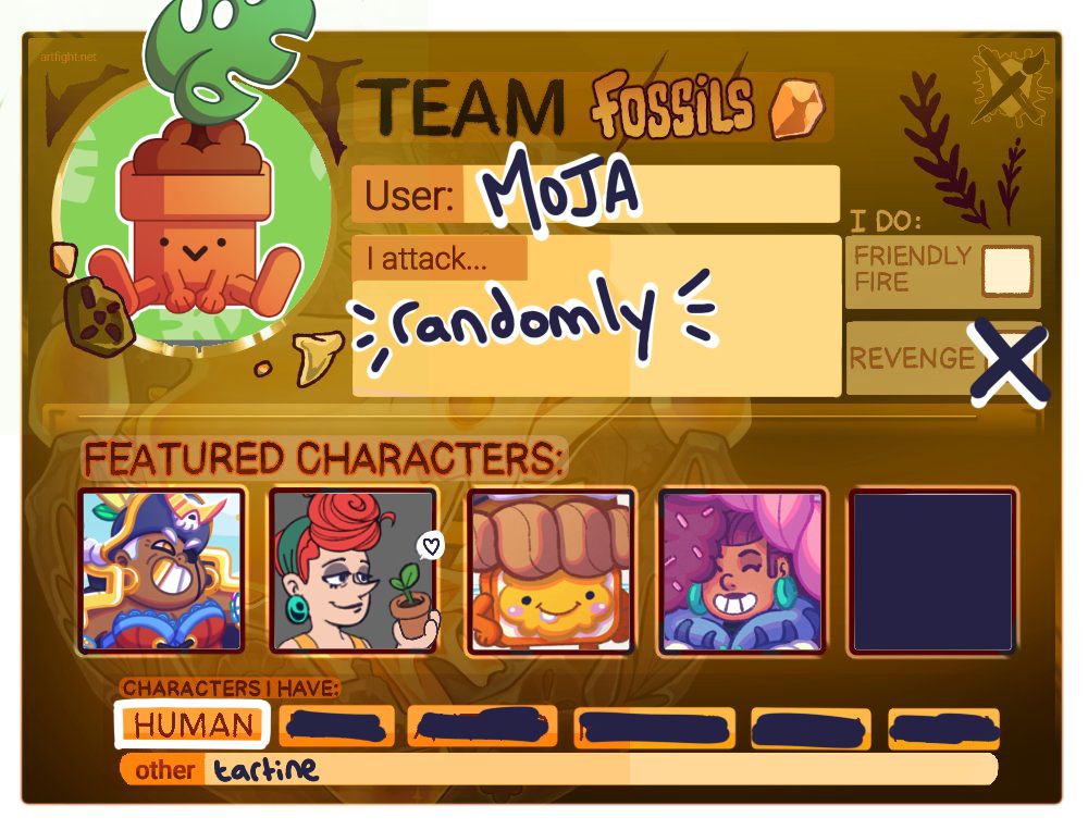 Some kind of an ID card about the ArtFight challenge presenting myself and my characters !