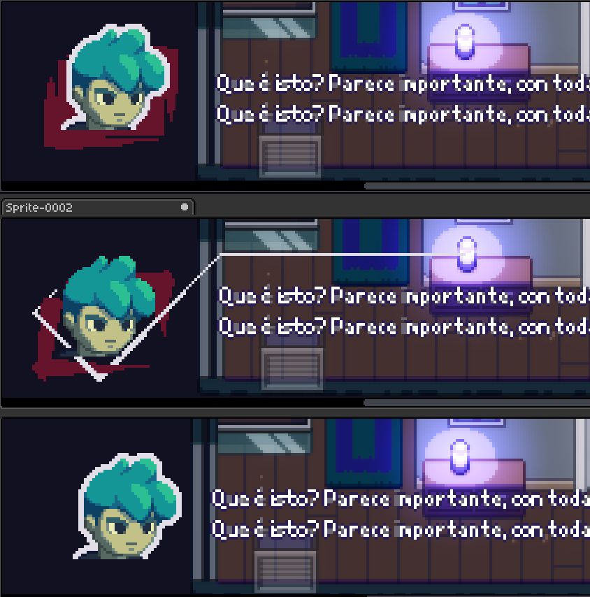 Three presentation options for a character portrait. In all three, the portrait is on the left, and the text is on the right. The portrait remains the same, and only the background changes.