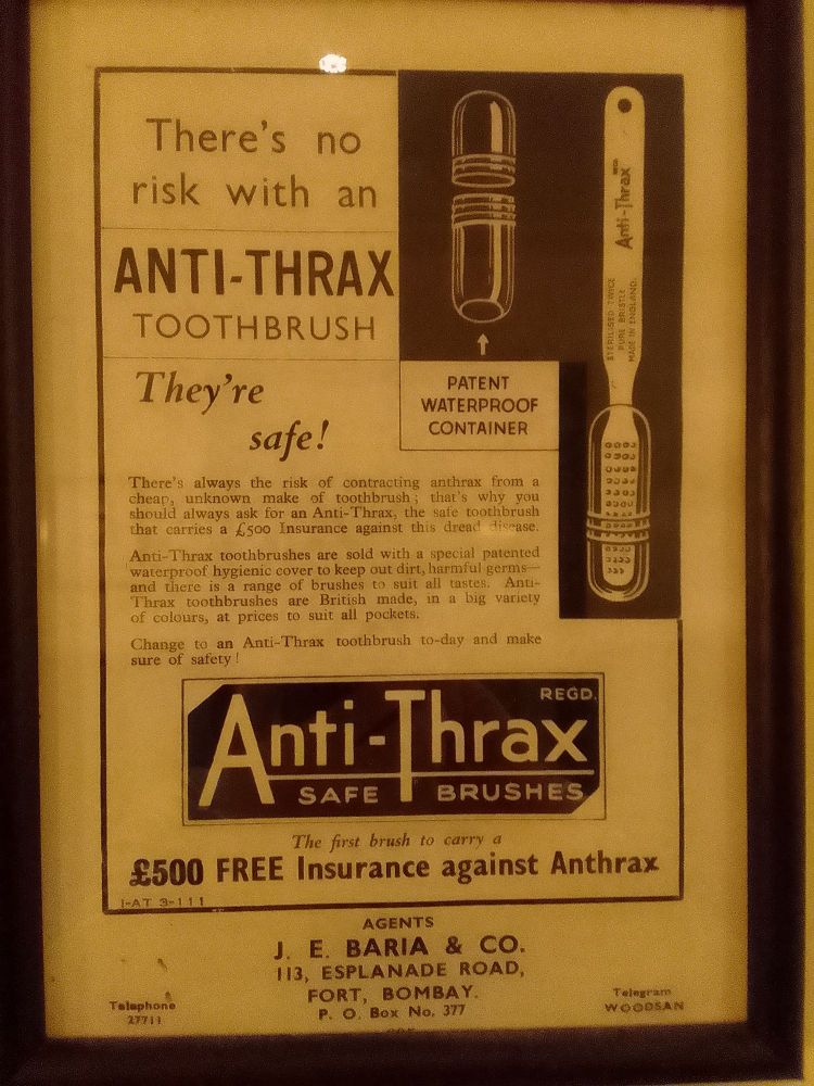 Advert probably from the 1920s or 30s for a toothbrush that prevents anthrax (and offers free anthrax insurance)