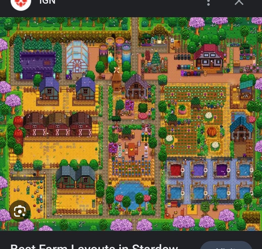 Very optimized stardew valley farm. just cut out from the screenshot is the IGN logo on the top and on the words best farm layout in stardew on the bottom 