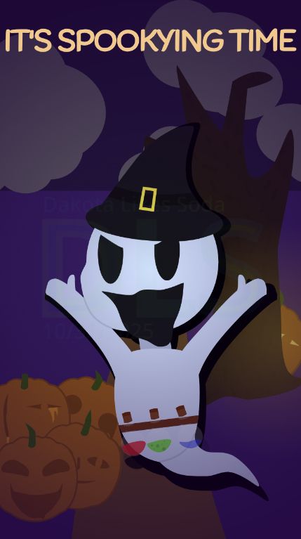 A ghost trying (and failing) to look scary. He wears a generic witch hat with a buckle and a belt of potions. One potion is red and appears to be a thick yet transparent liquid. The next is green and bubbling. The third is blue and appears to be very thin.

In the background is a very dark purple sky populated with gloomy, gray clouds. the ground is a lighter, yet still dark shade of purple with a path going down it.

There's a group of pumpkins on the left. One has round eyes with a droop in one, peeking around the rest. The next has one sharp, human-ish eye leaking pumpkin guts and a deep gash where its other eye would be, also leaking guts. Next is a pumpkin that has a face that looks like it's trying to look normal, yet has an off-putting face nonetheless. Next, is a generic jack-o-lantern face, trying to look scary, but ends up looking a little cute. Finally, there is a pumpkin hiding behind a tree on the other side of the piece, peering around it and staring at you. Its only visible facial feature is a singular eye, much like the second pumpkin's, except it is lit up and is not bleeding.

The tree is devoid of leaves and probably is dead. it also looks awful in general. Not on purpose, I just suck at drawing trees.

There is a very faint watermark over the whole thing. The top line reads "October 31st, 2025" and is in small text. The middle line reads "D L S" and stands for "Dakota Likes Soda." It is in very large text. The third line, to clear any confusion about the meaning of D L S, says "Dakota Likes Soda." It's the same size as line 1. It's all in a gradient from blue to green to avoid watermark removal.