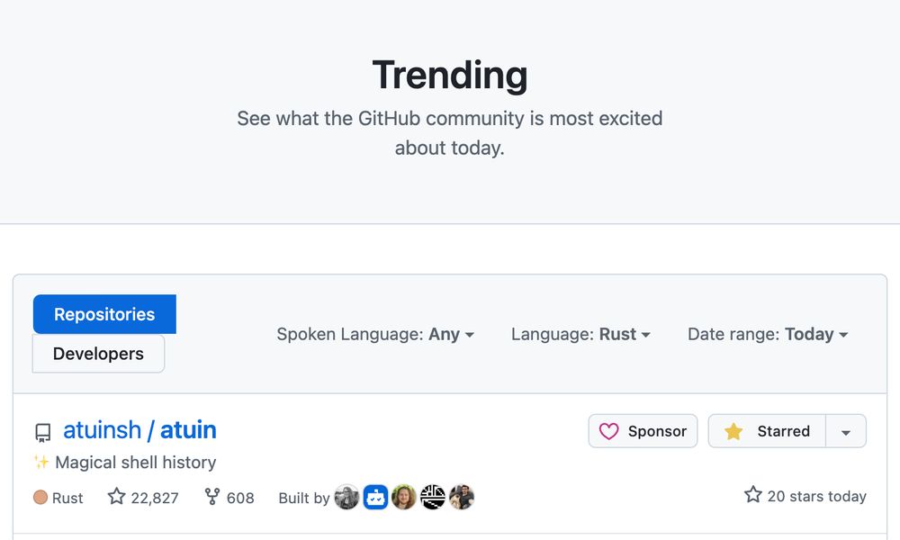 A screenshot of GitHub trending, showing atuinsh/atuin