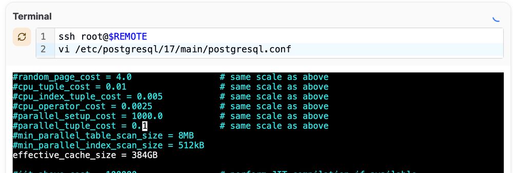 a screenshot showing a 384GB effective cache size on postgres