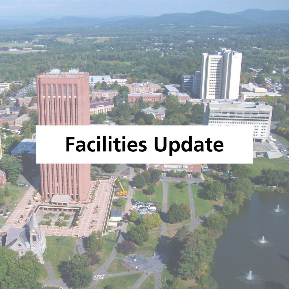 Aerial view of UMass Amherst, including Du Bois Library and Lederle GRC Lowrise, where the Science and Engineering Library is located. Text overlay: "Facilities Update."