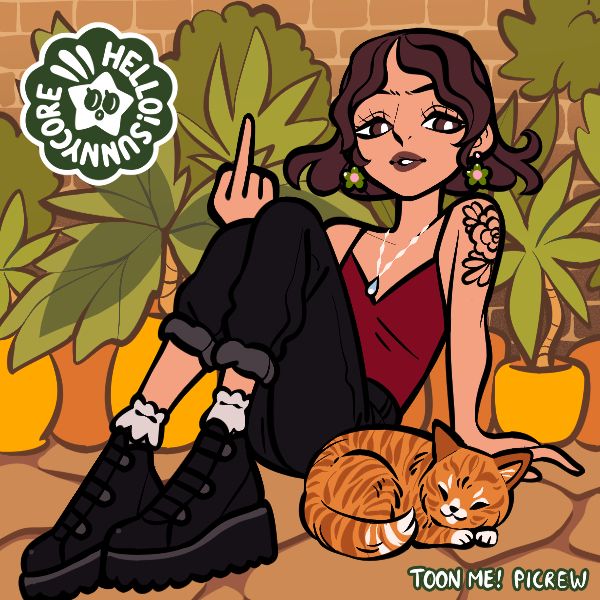 Picrew toon of adult Viv with natural brown hair cut into a pixie cut. They wear a red tank and cropped black jeans with platform boots. They have a tattoo and wear green floral earrings with a necklace. Instead of a peace sign they are displaying a middle finger. The same orange cat is cuddled beside them.