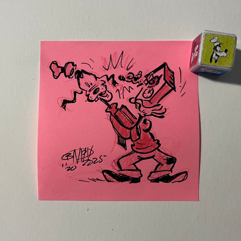 Goofy is struck by the cuckoo of the cuckoo clock in his hands. 