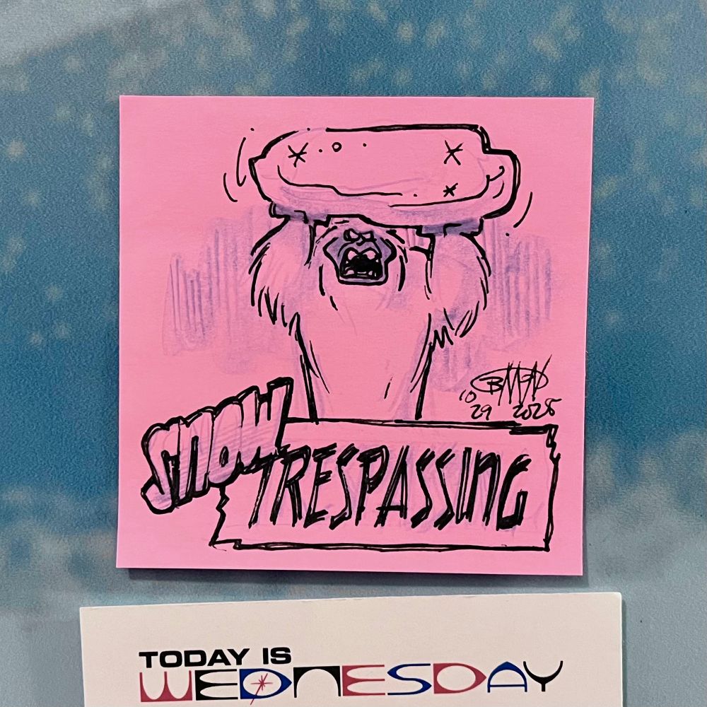 The “Abominable Snowman” known as Harold lifts a huge chunk of snow, ice and rock threateningly above his head. Snow trespassing.