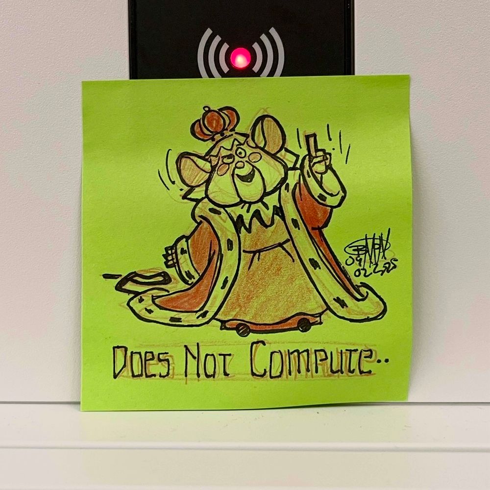 A robot facsimile of the Queen Mouse gestures with a single finger in the air as is to make a pointed statement. Does not compute. 