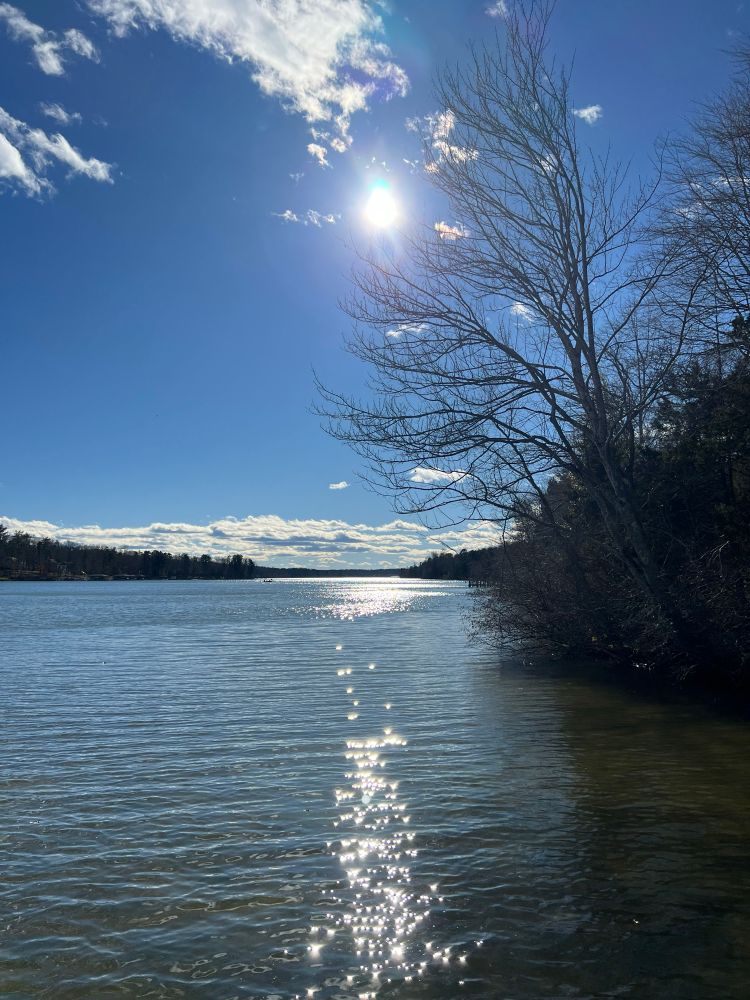 A lake with blue sky and sun reflecting on the water. 