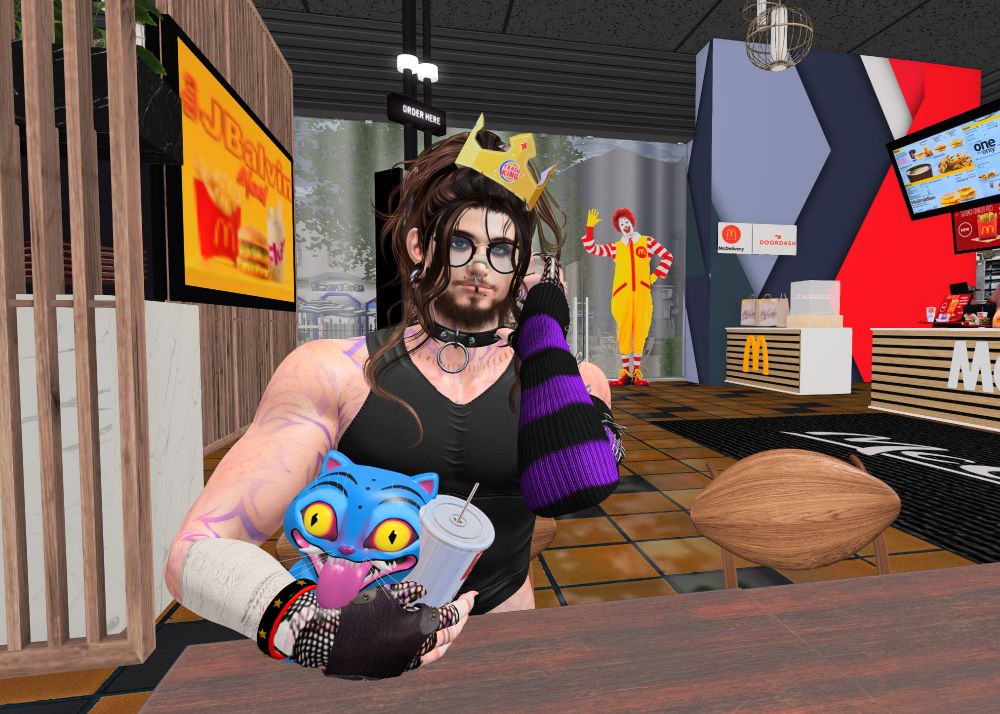 Henry at McDonald's in Second Life on his 13th rezz day!
