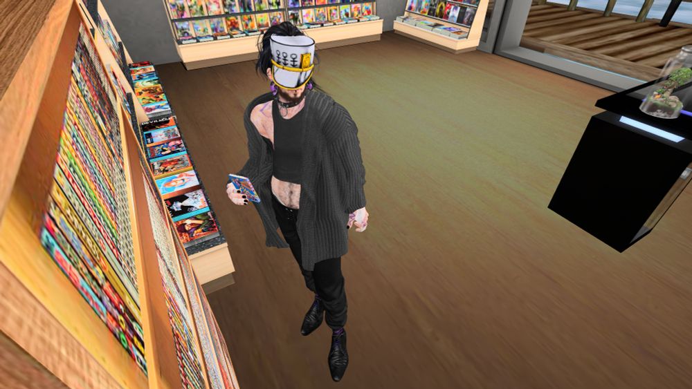 Henry in the Passion Bay comic shop at the manga shelves, wearing Jotaro Kujo's hat from JoJo's Bizarre Adventure part 4 "Diamond is Unbreakable" and holding a volume of Steel Ball Run