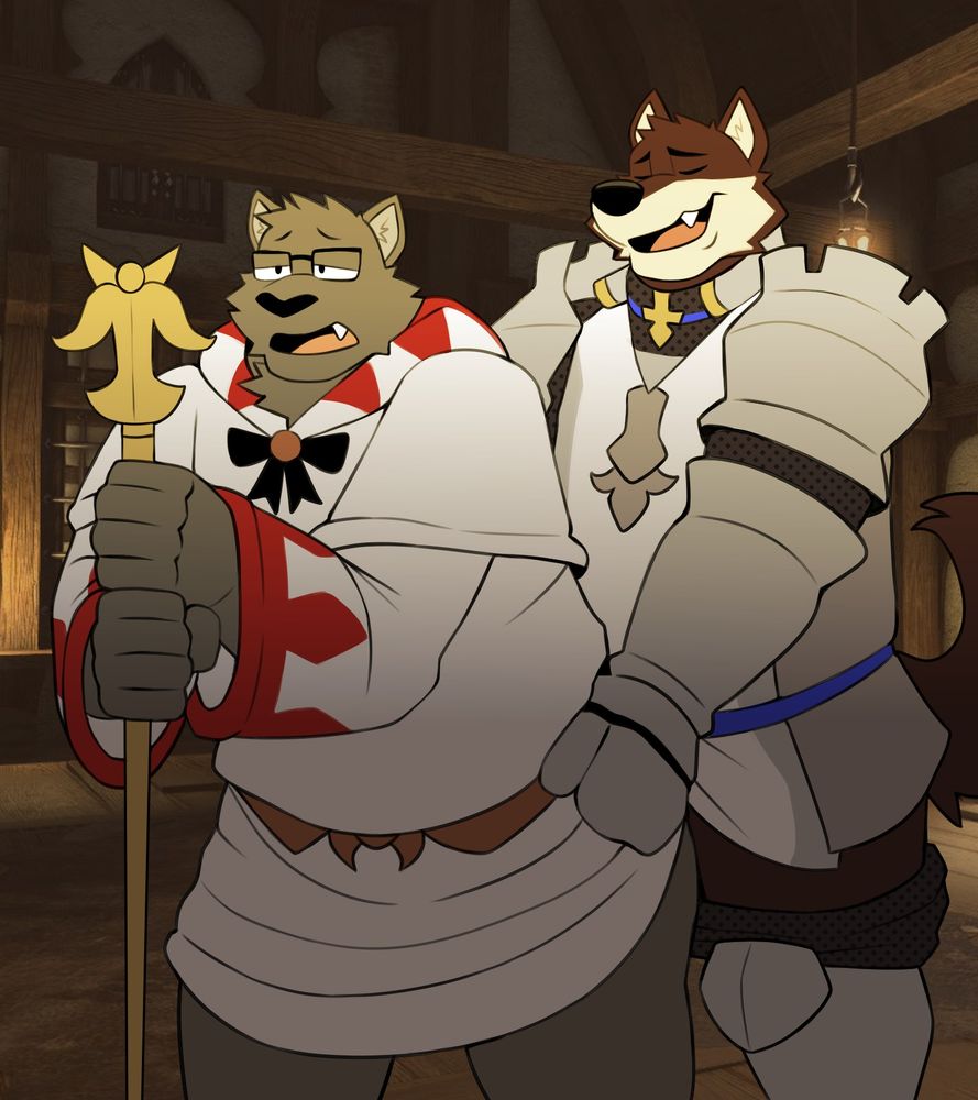 Cat in FFXIV white mage attire receiving backshots from a wolf in a FFXIV paladin armor