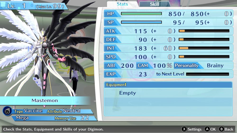 Digimon Story Cyber Sleuth. Captura del juego con Mastemon a nivel 1.