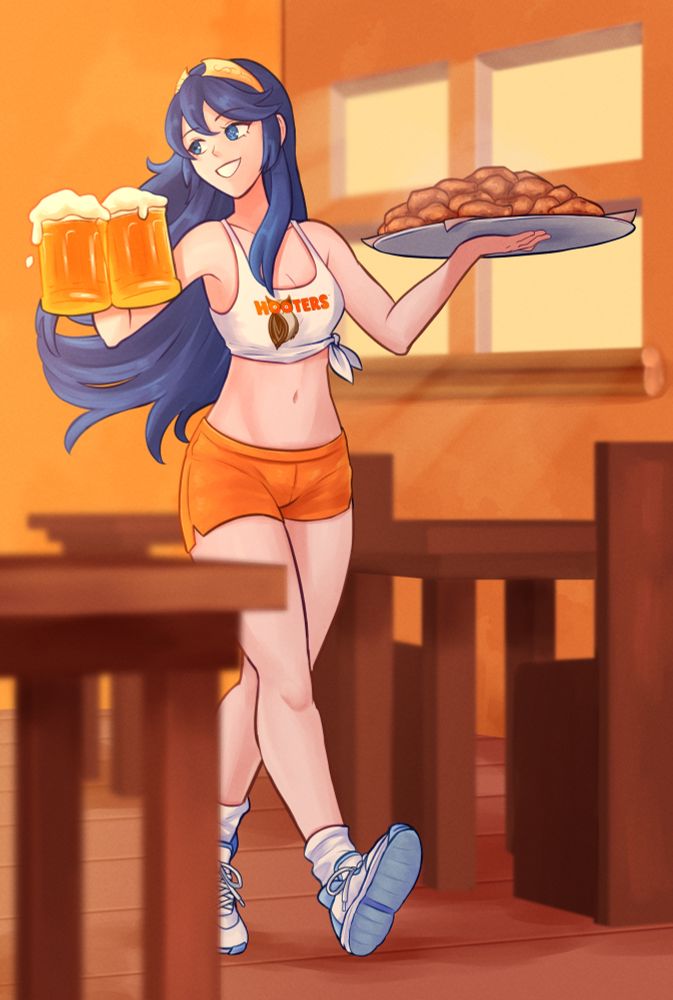 Lucina working at Hooters holding two mugs of beer and a giant plate of chicken wings