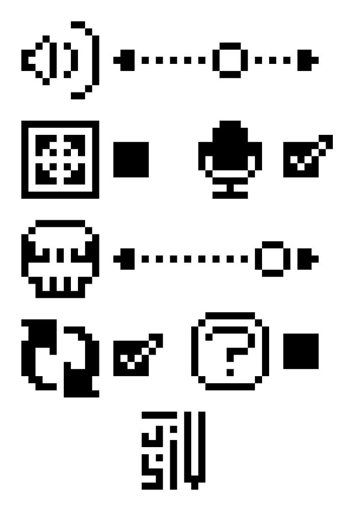 A pixel art piece of a textless settings menu. There's a volume slider, a fullscreen toggle, a mic toggle, a difficulty slider, a reset toggle, and a hint toggle.