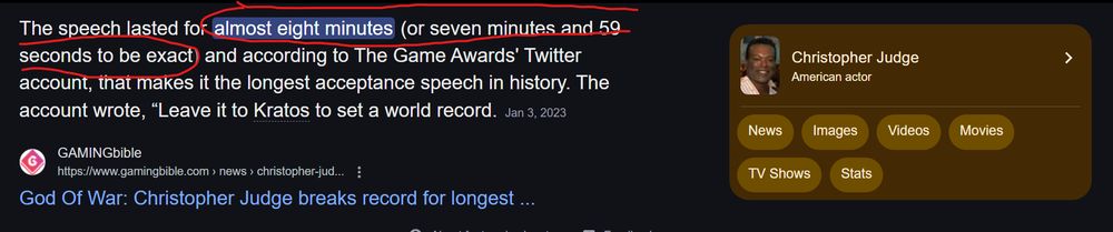 Noticia de Gaming Bible que comenta la duración del discurso de aceptación de Christopher Judge cuando ganó en 2022 el Game Award a mejor interpretación, con una duración de 7 minutos y 59 segundos.