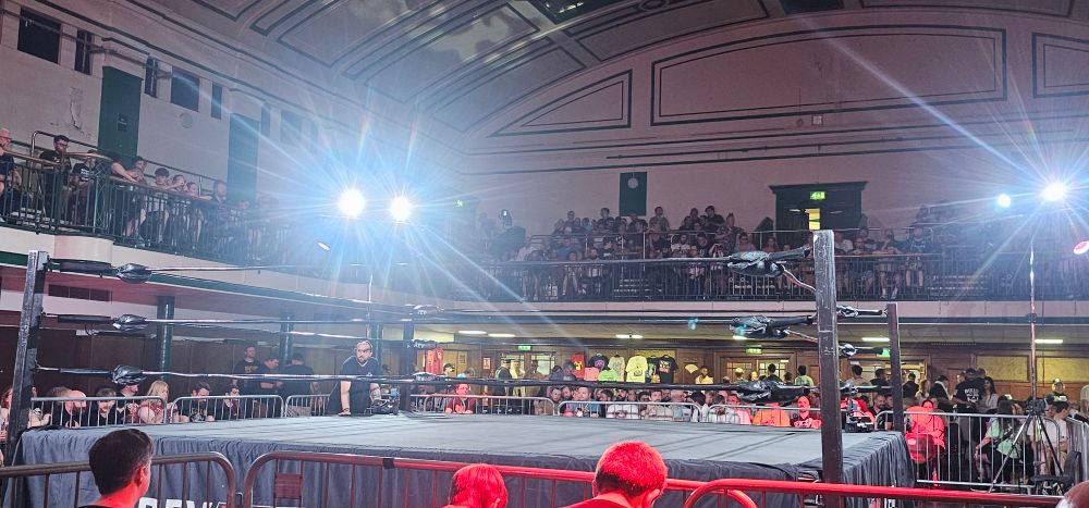 The ring at York Hall from the photographer's perspective, seated fifth row, to the right of the entranceway.