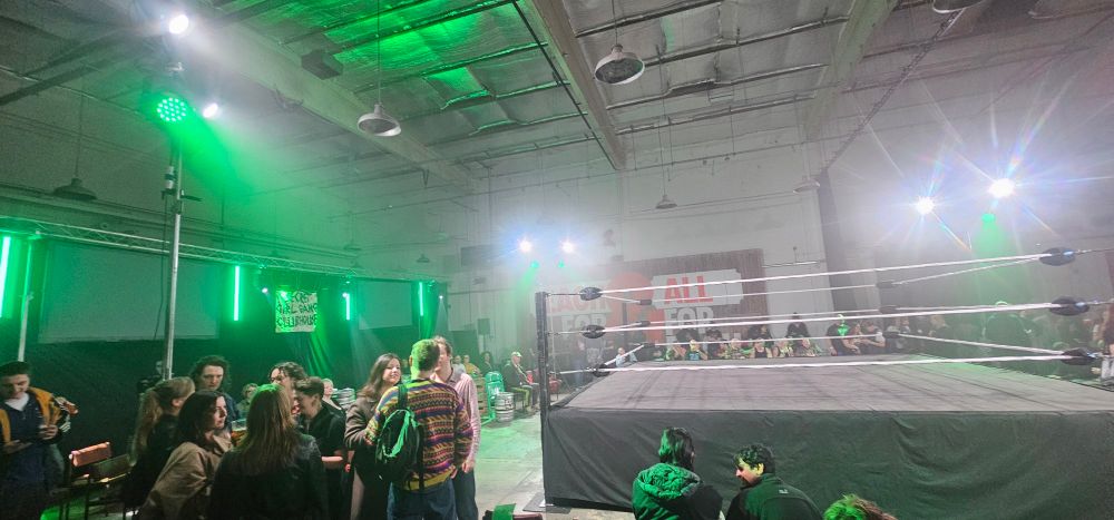 A shot of the ring and entrance at Big Penny Social moments before the beginning of the 2025 incarnation of EVE's yearly event celebrating International Women's Day, Women Behaving Badly.