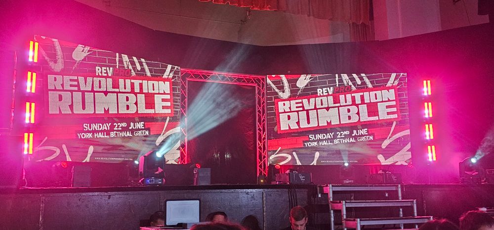The stage setup at York Hall, moments before Revolution Pro Wrestling's 2025 Revolution Rumble event.