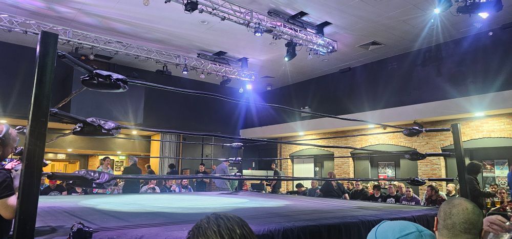 A view of the wrestling ring at the 229 moments before Revolution Pro Wrestling's Live in London 93 event.

In contrast to the previous month's show, the wrestlers entrance is now to the left of the photographer.