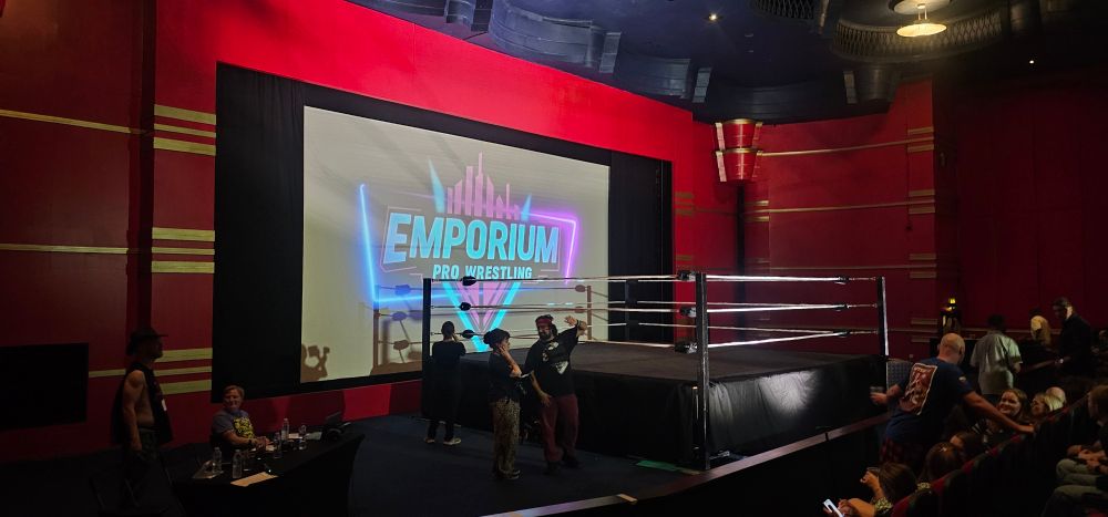 A view of the setup for Emporium Pro Wrestling's first show - the picture is taken from the 4th row.

The show was set in a very unique backdrop of Stepney Green's Genesis Cinema, a feature of the Mile End Road for over 170 years in various incarnations, from pub, to music hall, to theatre, to cinema.