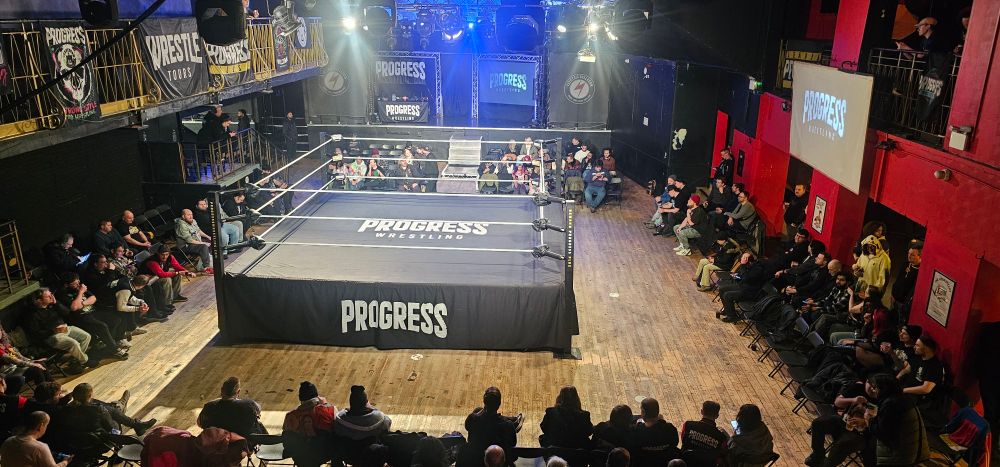 A wide shot from the balcony of the set up for PROGRESS Wrestling Chapter 177: My Own Destiny.