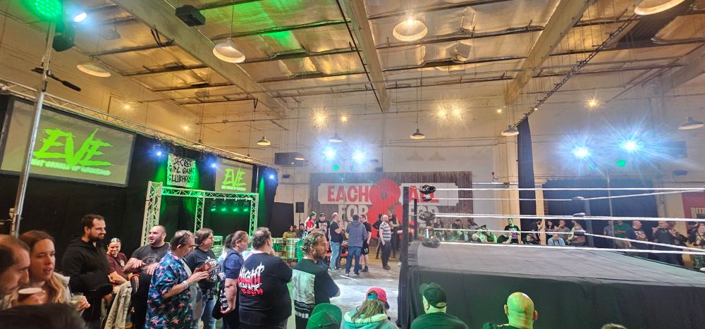 A wide shot of the Big Penny Social moments prior to EVE "Hit Me Baby One More Time.
This show was highlighted by a historic IWGP Women's Championship Match as Syuri defended the title against former Ace of EVE, Alex Windsor. 